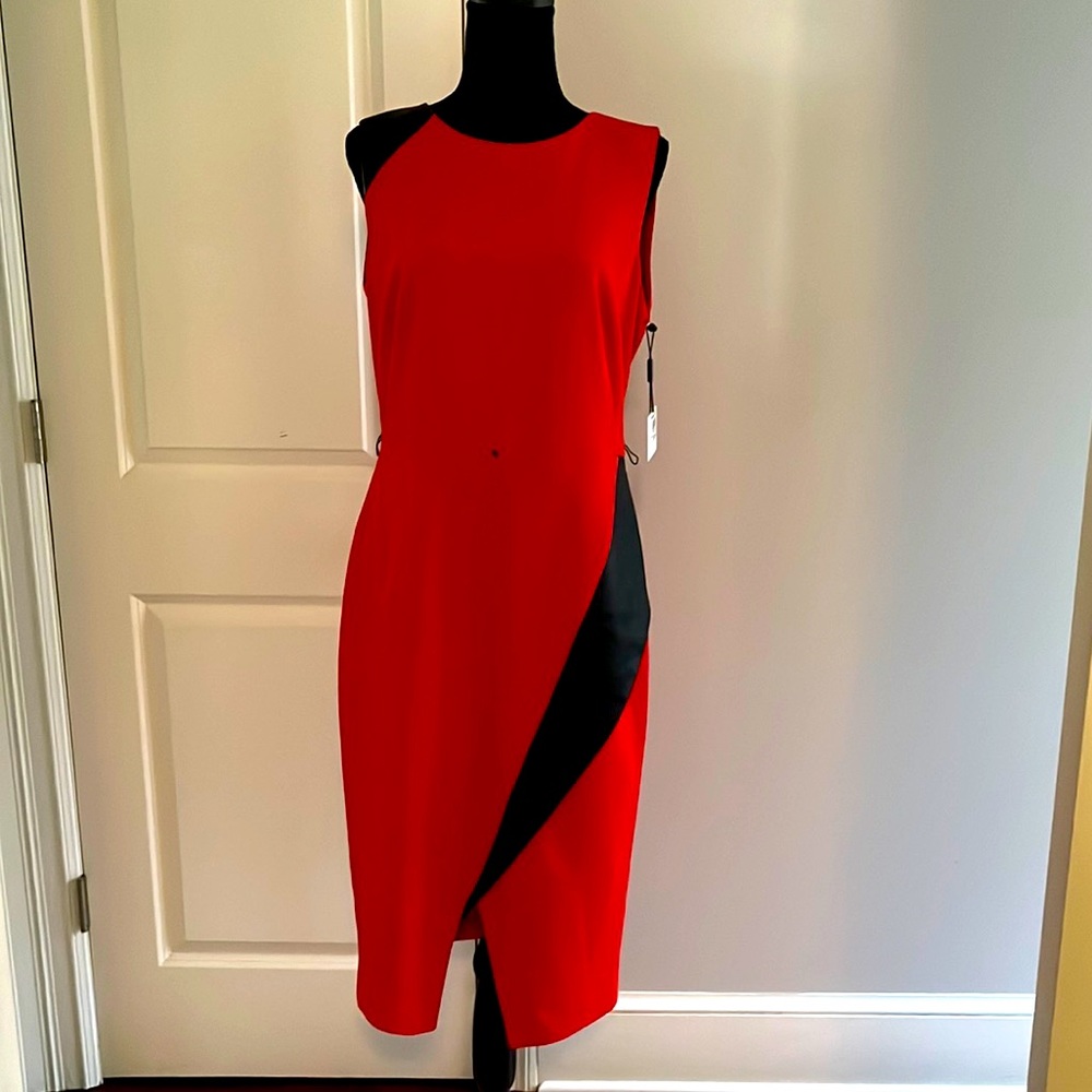 Calvin Klein brand new with tag, size 10, red dress black leather accent dress.